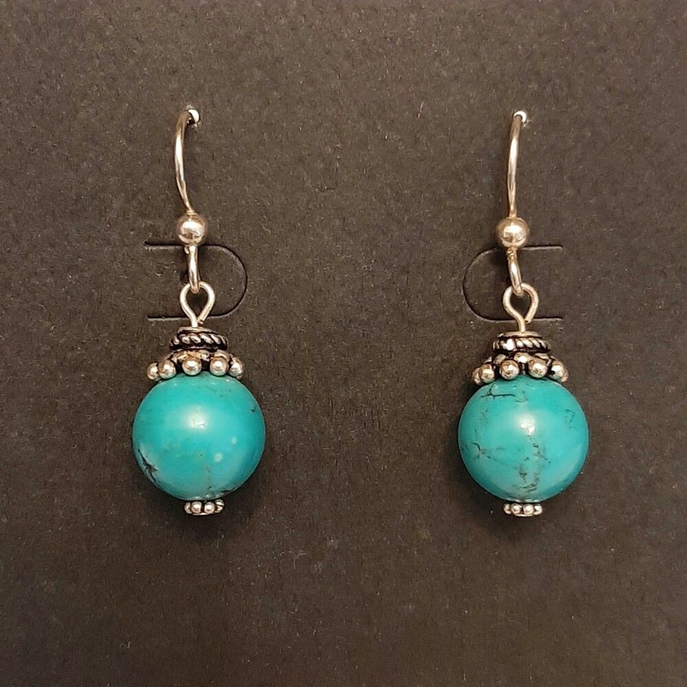 NEW Natural Gemstone Dangle Earrings with Turquoise Ball Shape Beads Silver Tone